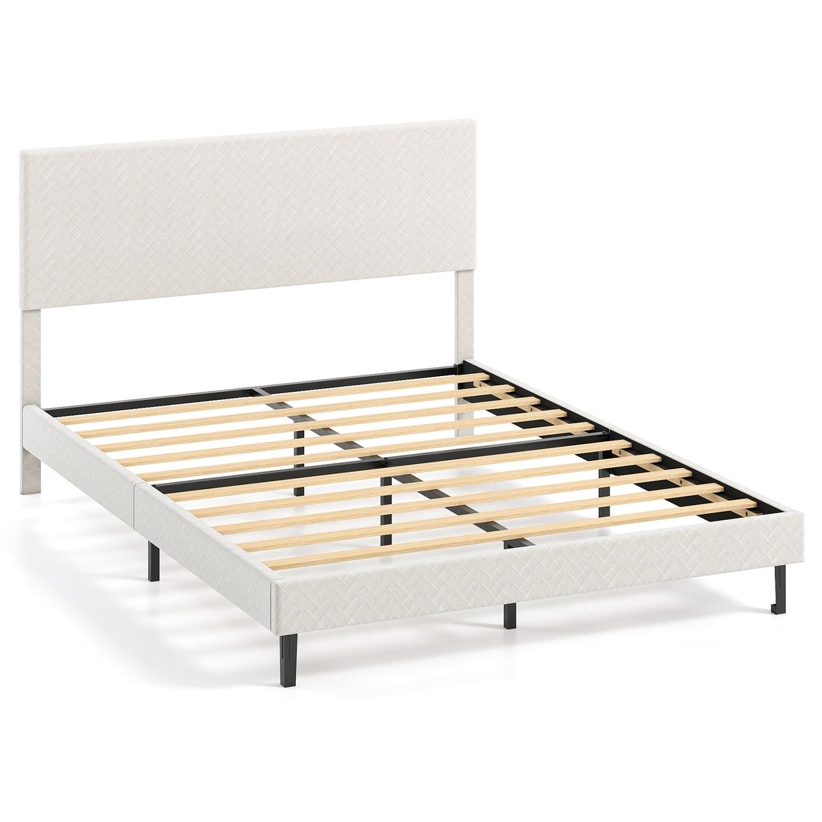 Queen Size Velvet Bed Frame Upholstered Platform Bed with Chevron Headboard Beige-Simple Bed Frame-DECOROLALA