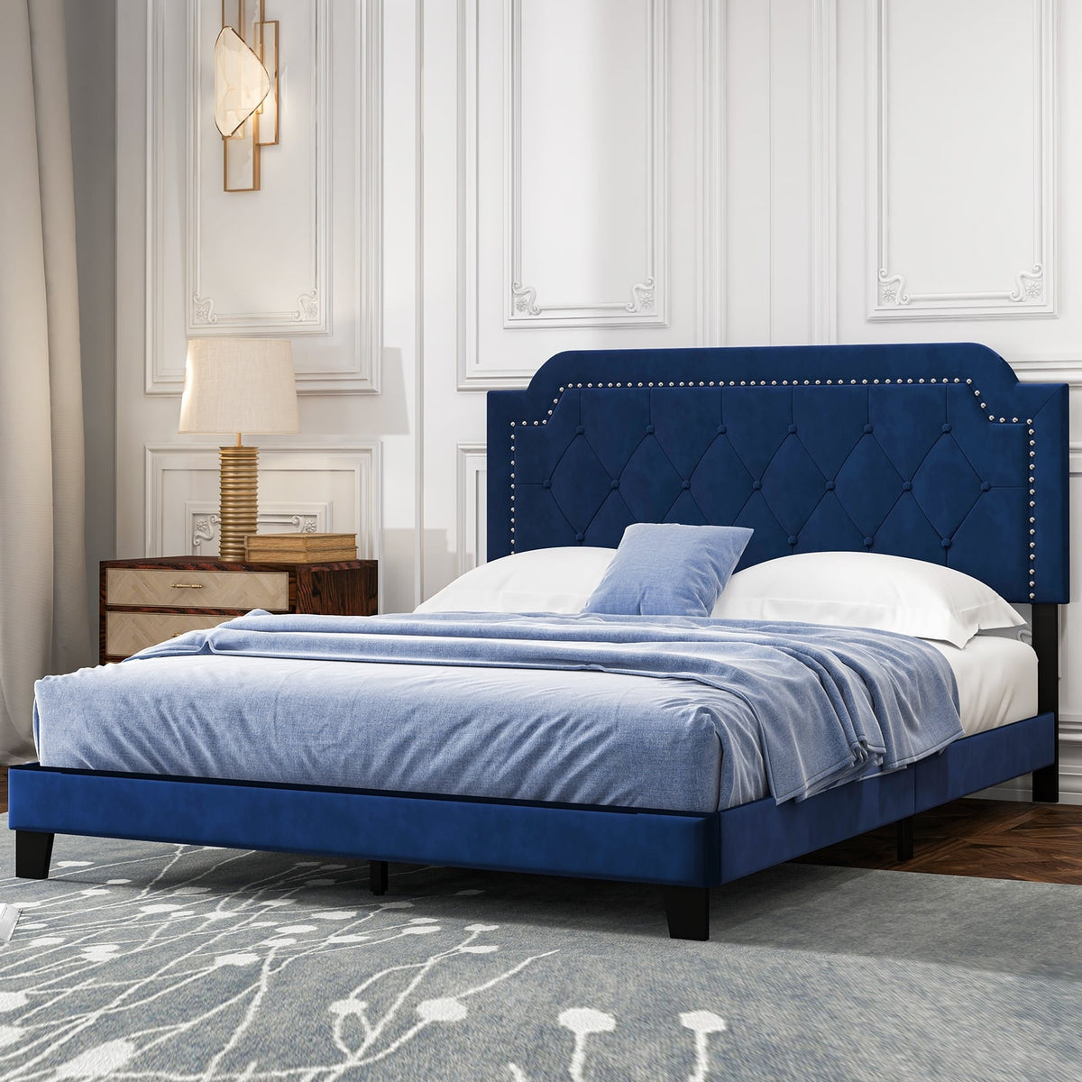 Queen Size Velvet Bed Frame with Button Tufted and Nailhead Trim Headboard-Queen Size-Simple Bed Frame-DECOROLALA