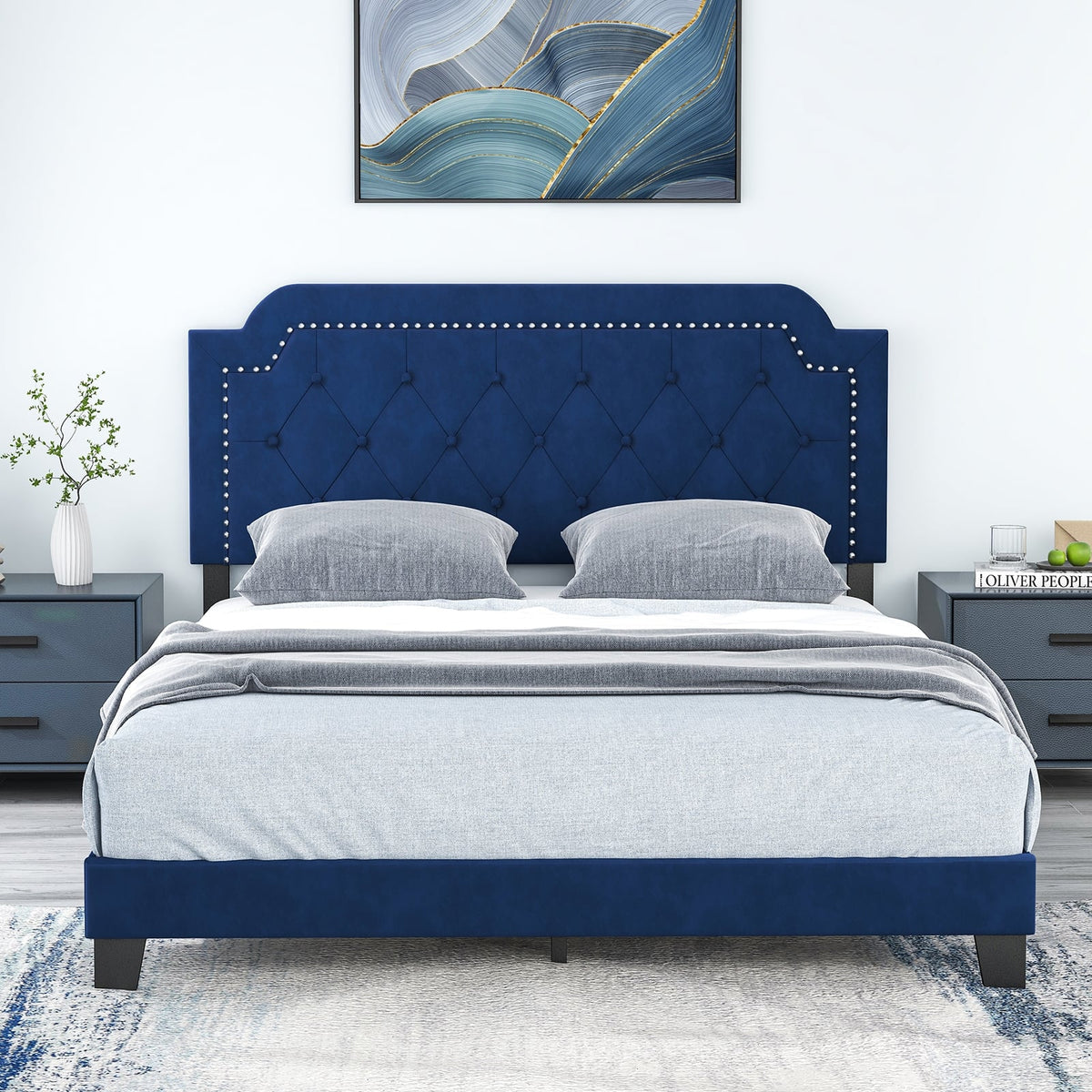 Queen Size Velvet Bed Frame with Button Tufted and Nailhead Trim Headboard-Queen Size-Simple Bed Frame-DECOROLALA