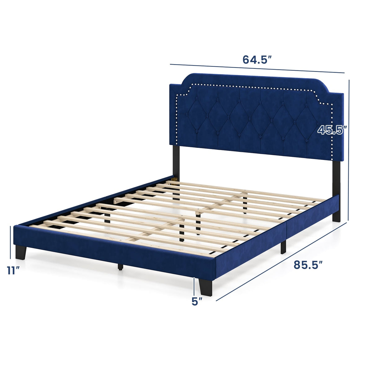 Queen Size Velvet Bed Frame with Button Tufted and Nailhead Trim Headboard-Queen Size-Simple Bed Frame-DECOROLALA