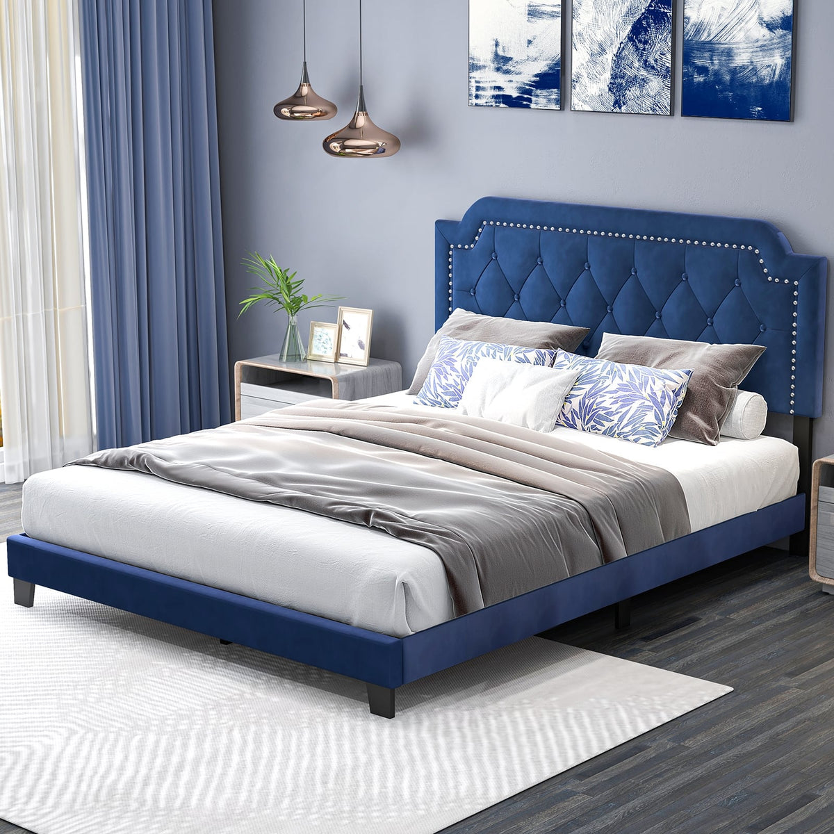 Queen Size Velvet Bed Frame with Button Tufted and Nailhead Trim Headboard-Queen Size-Simple Bed Frame-DECOROLALA