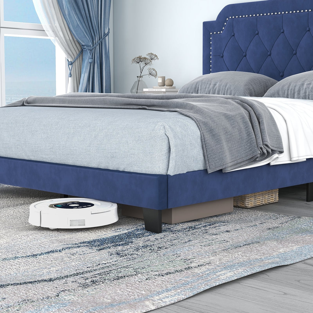 Queen Size Velvet Bed Frame with Button Tufted and Nailhead Trim Headboard-Queen Size-Simple Bed Frame-DECOROLALA