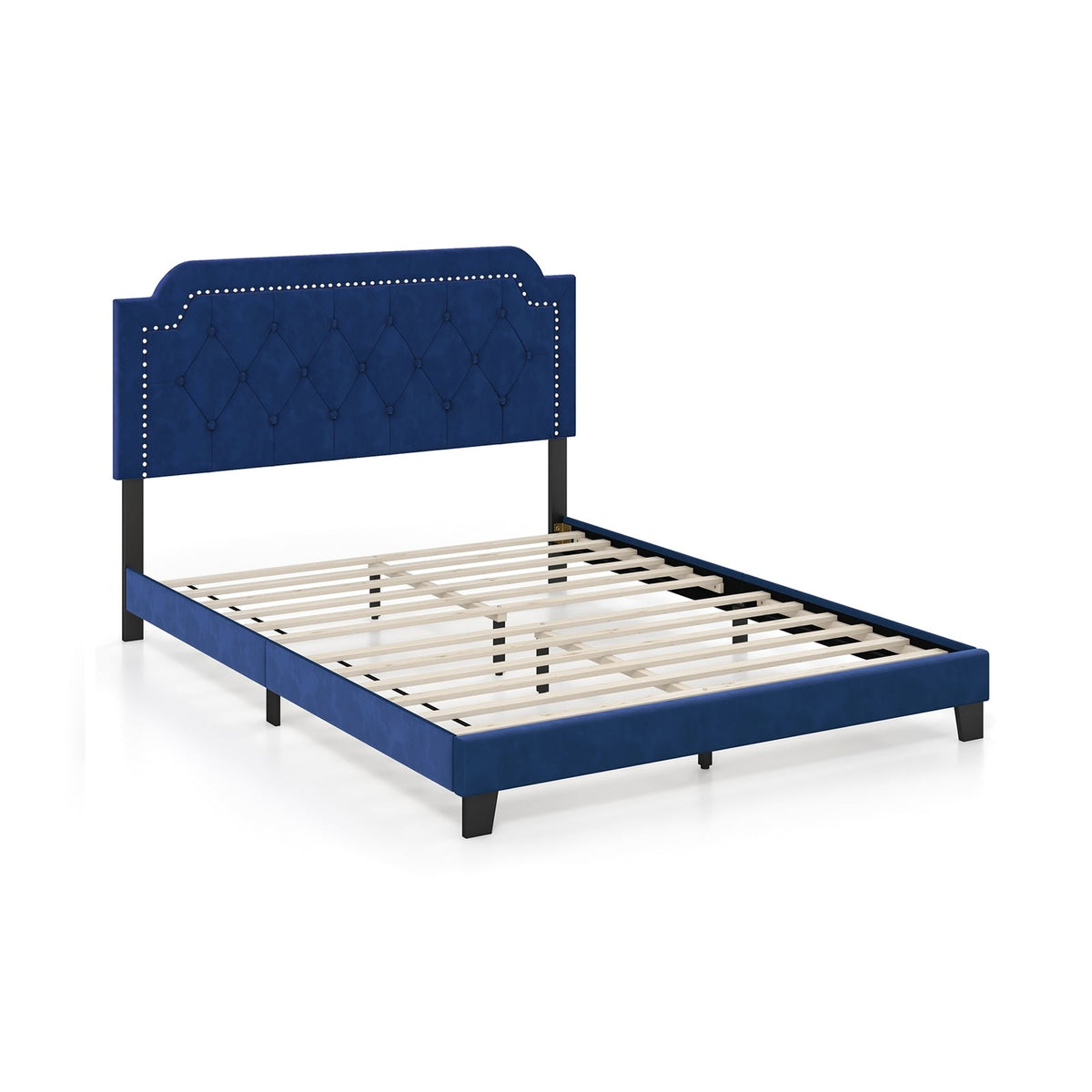 Queen Size Velvet Bed Frame with Button Tufted and Nailhead Trim Headboard-Queen Size-Simple Bed Frame-DECOROLALA