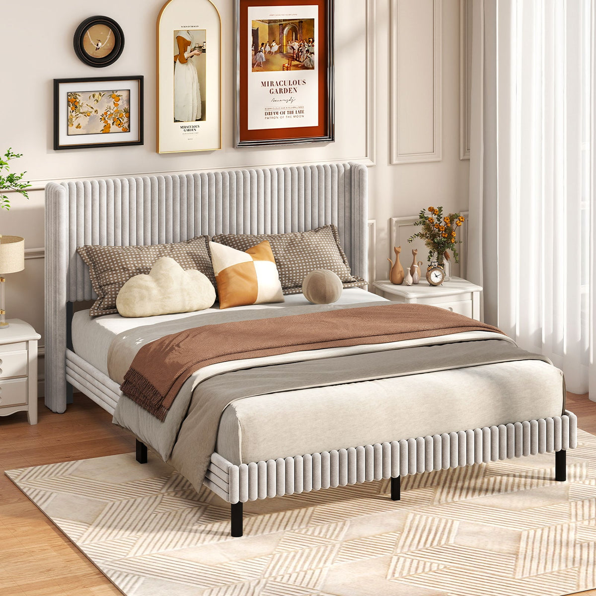 Queen Size Velvet Bed Frame with Vertical Channel Tufted Wingback Headboard-White-Simple Bed Frame-DECOROLALA