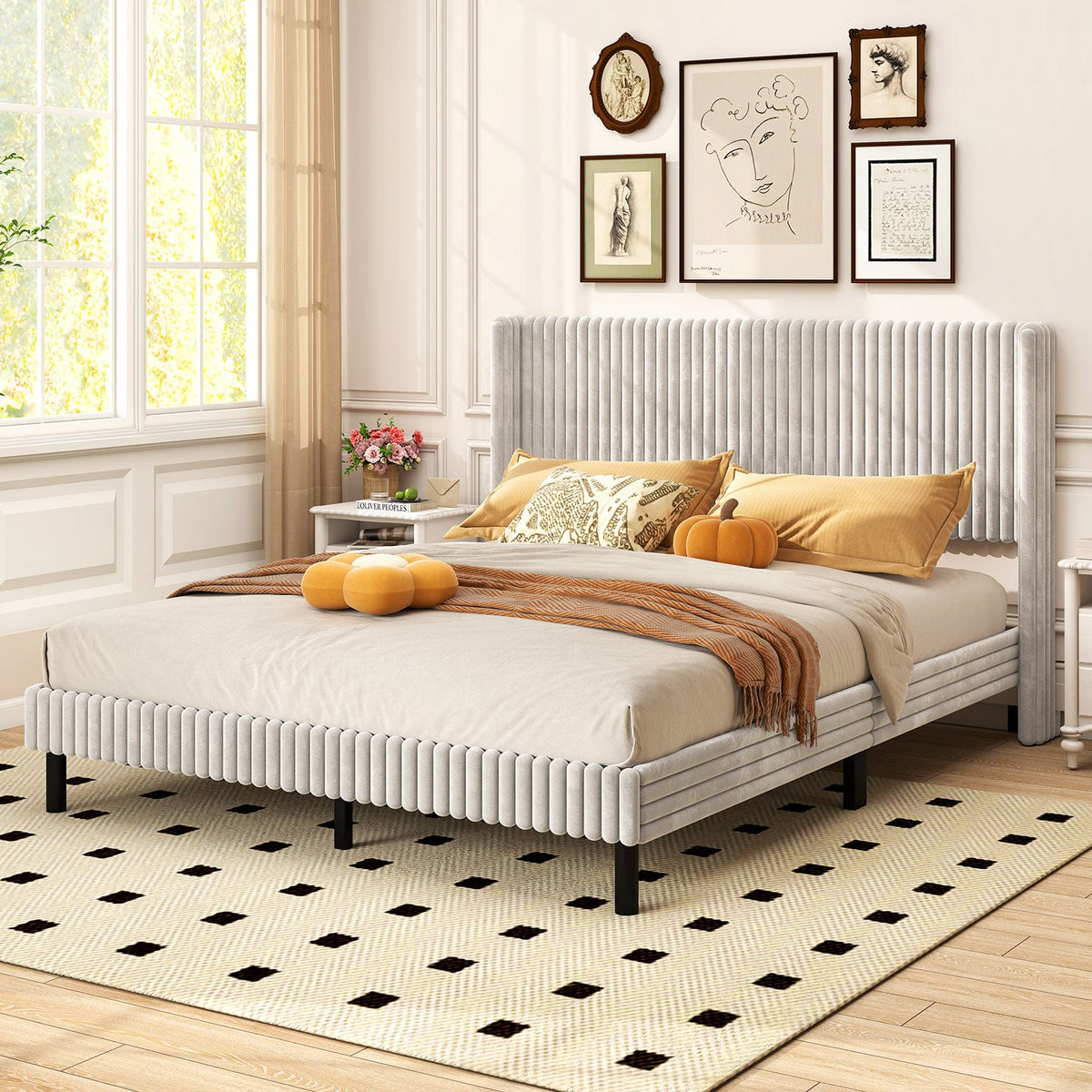Queen Size Velvet Bed Frame with Vertical Channel Tufted Wingback Headboard-White-Simple Bed Frame-DECOROLALA
