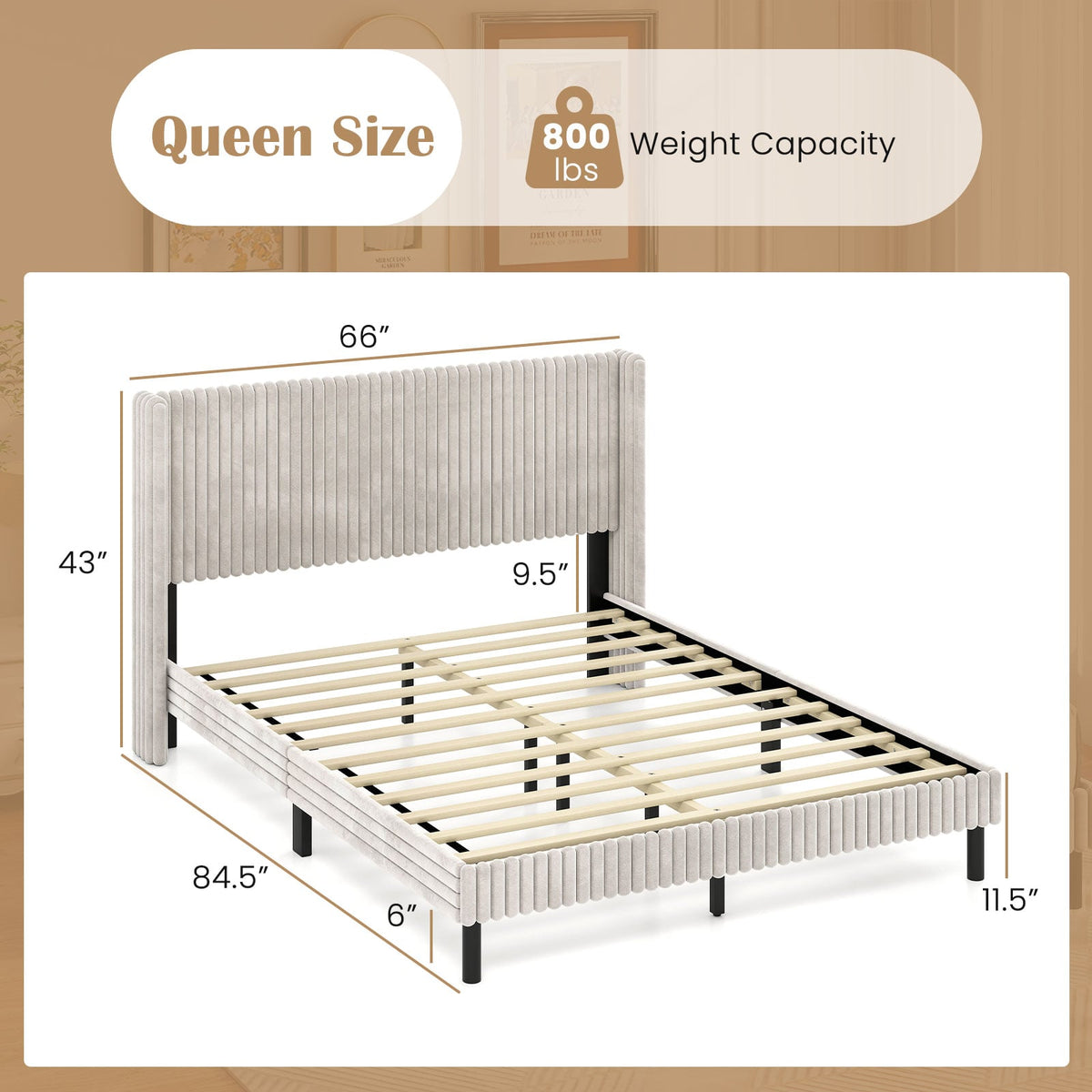Queen Size Velvet Bed Frame with Vertical Channel Tufted Wingback Headboard-White-Simple Bed Frame-DECOROLALA