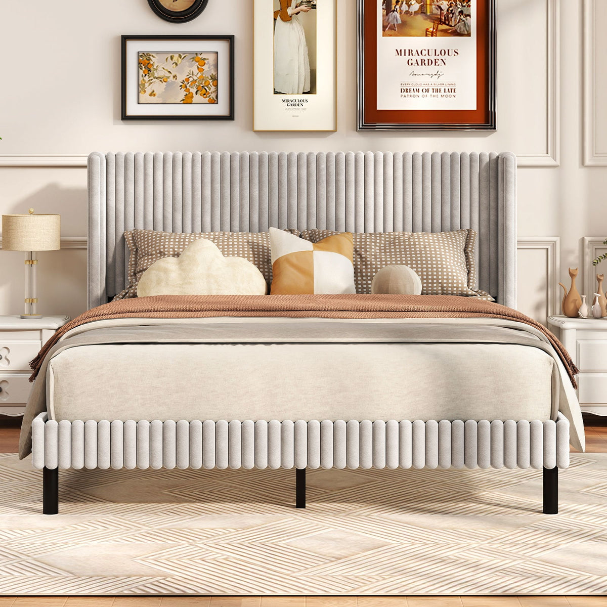 Queen Size Velvet Bed Frame with Vertical Channel Tufted Wingback Headboard-White-Simple Bed Frame-DECOROLALA