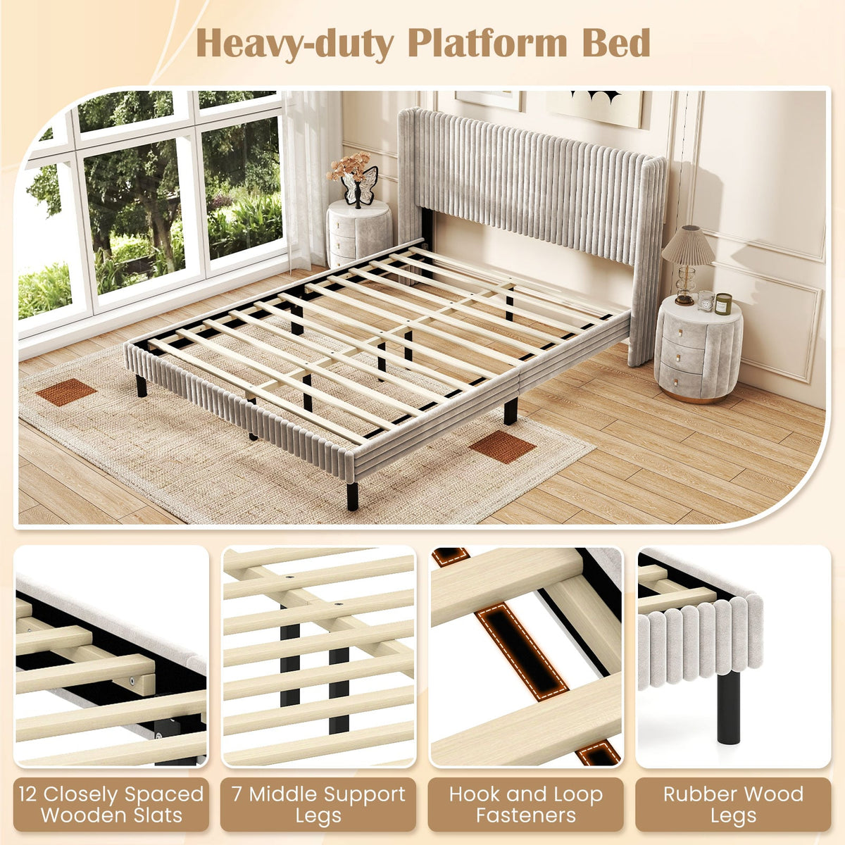 Queen Size Velvet Bed Frame with Vertical Channel Tufted Wingback Headboard-White-Simple Bed Frame-DECOROLALA