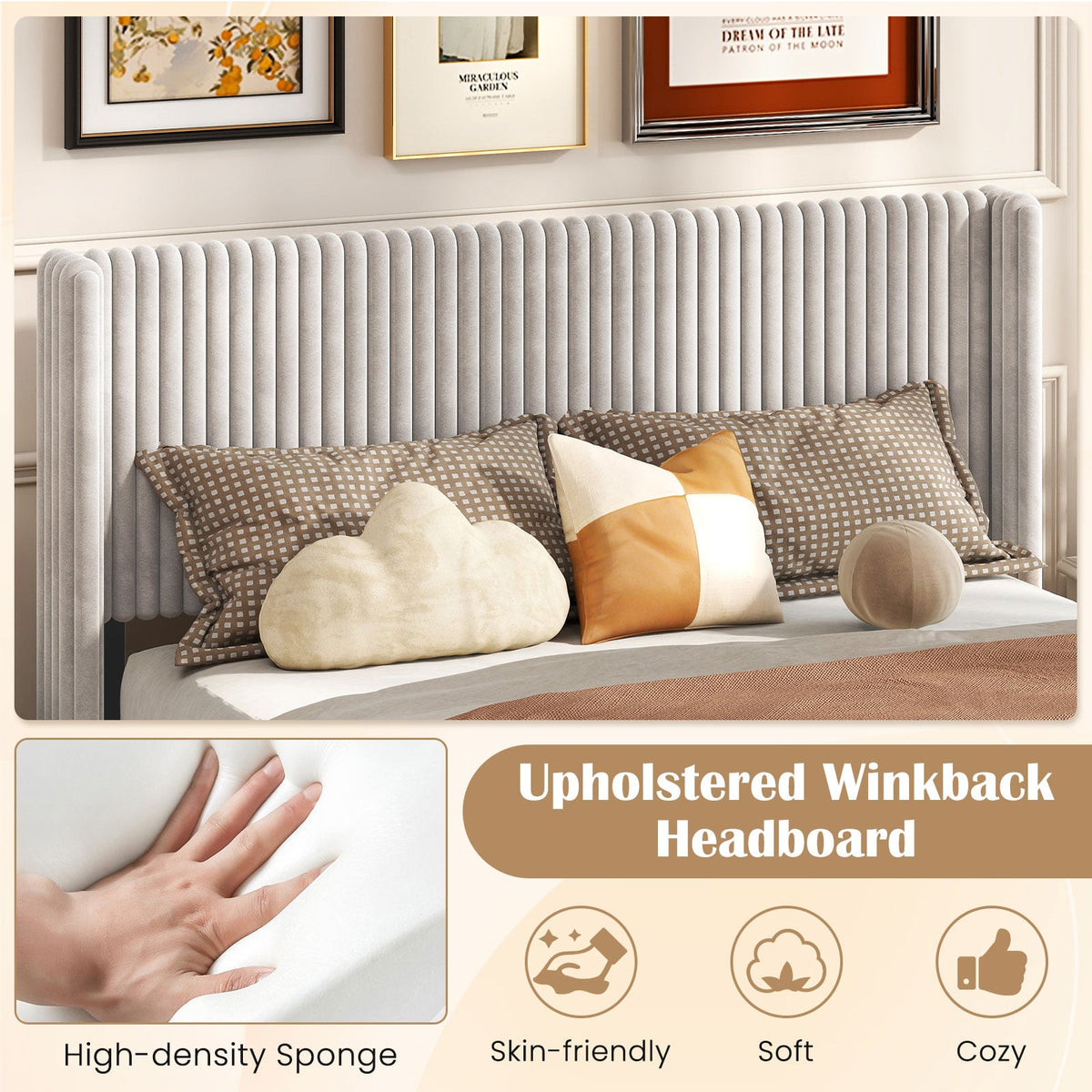 Queen Size Velvet Bed Frame with Vertical Channel Tufted Wingback Headboard-White-Simple Bed Frame-DECOROLALA