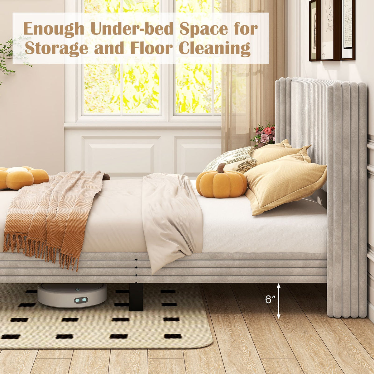 Queen Size Velvet Bed Frame with Vertical Channel Tufted Wingback Headboard-White-Simple Bed Frame-DECOROLALA