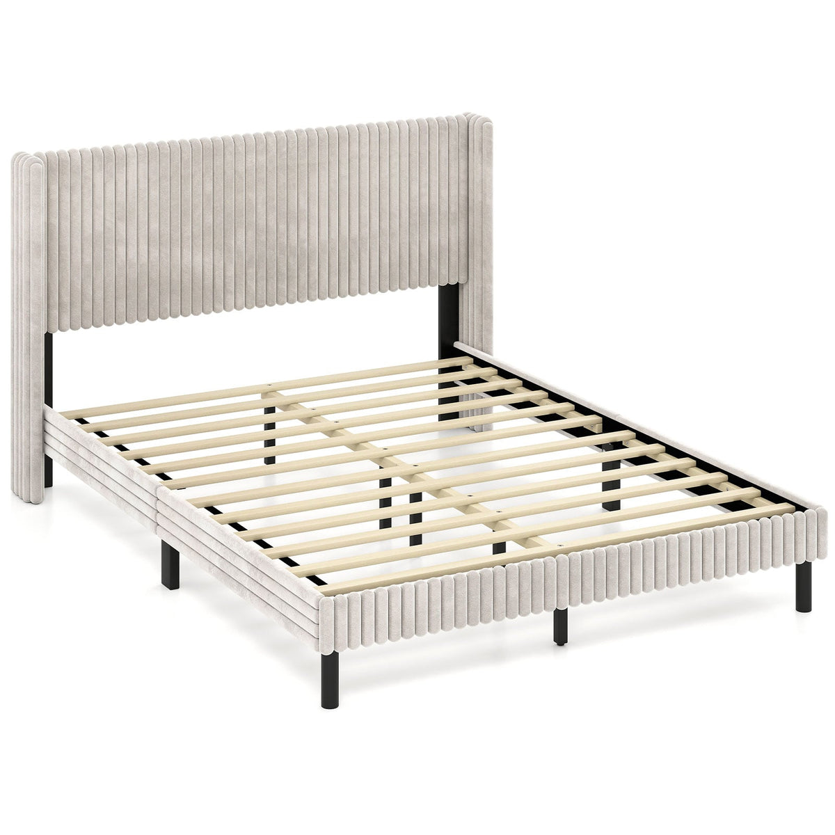 Queen Size Velvet Bed Frame with Vertical Channel Tufted Wingback Headboard-White-Simple Bed Frame-DECOROLALA