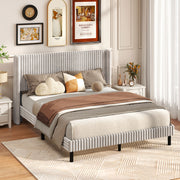 Queen Size Velvet Bed Frame with Vertical Channel Tufted Wingback Headboard-White-Simple Bed Frame-DECOROLALA