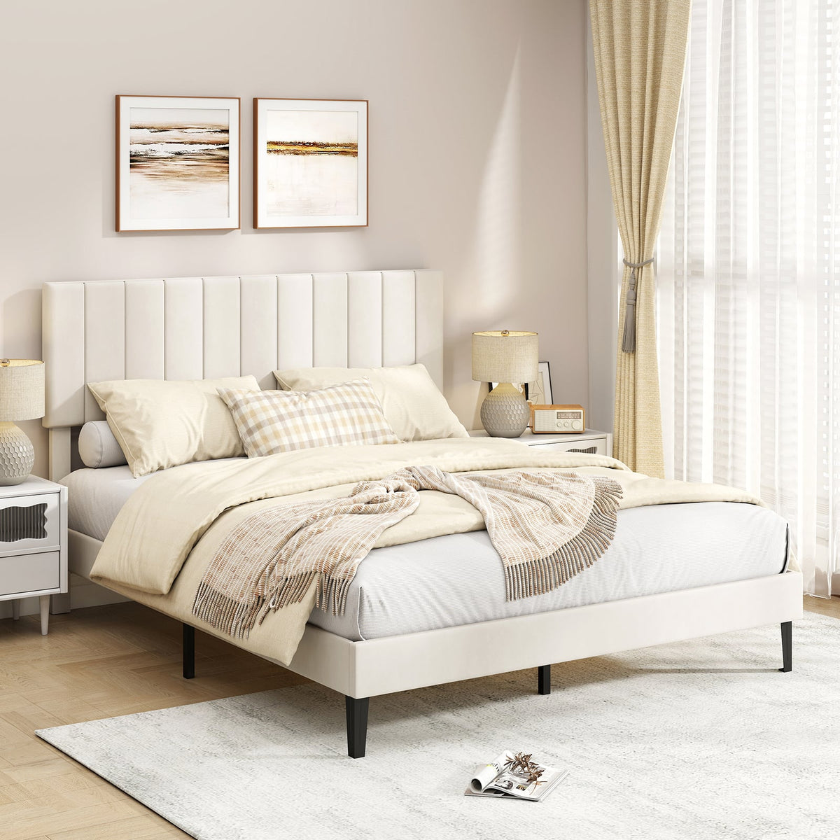 Queen Size Velvet Upholstered Platform Bed Frame-Simple Bed Frame-DECOROLALA
