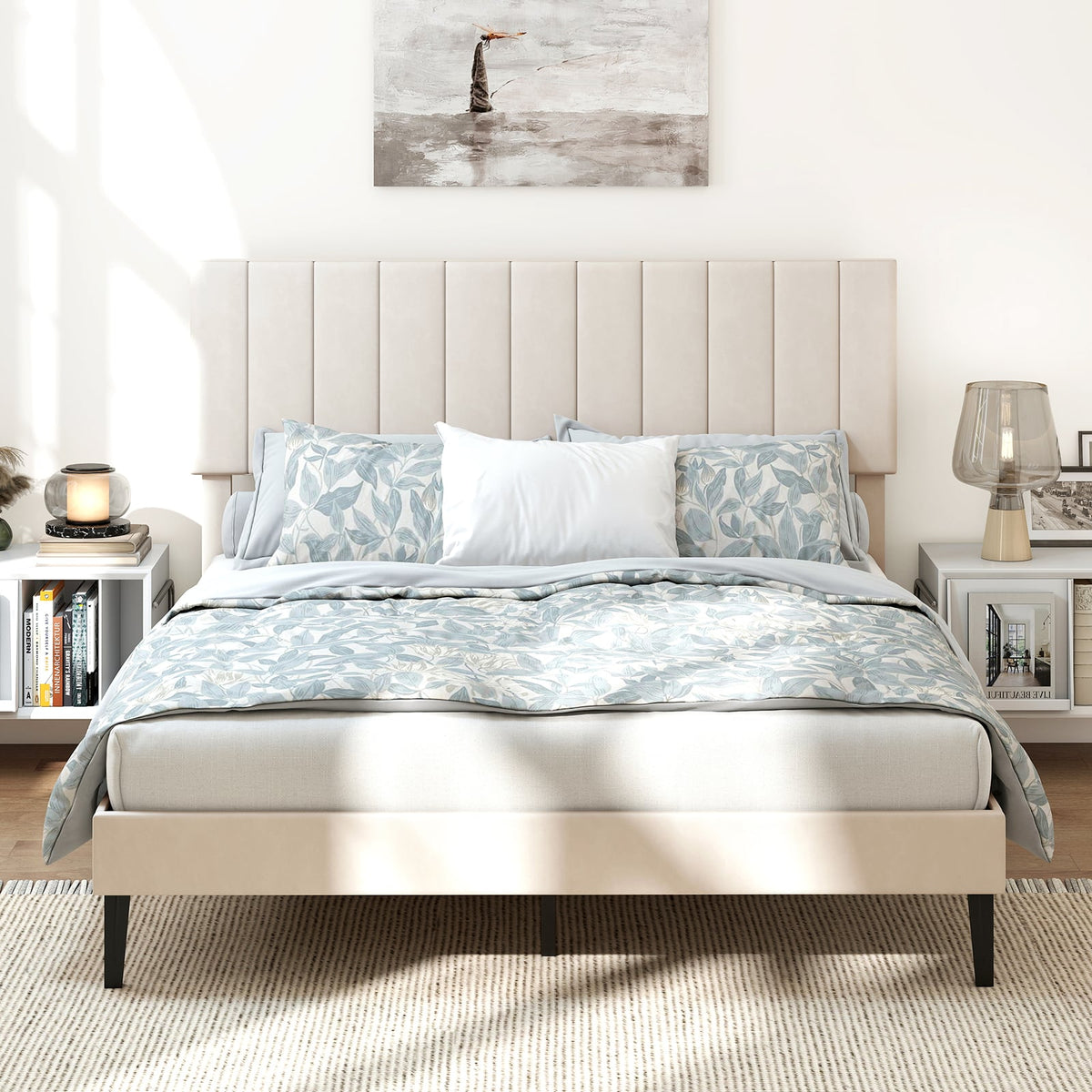 Queen Size Velvet Upholstered Platform Bed Frame-Simple Bed Frame-DECOROLALA