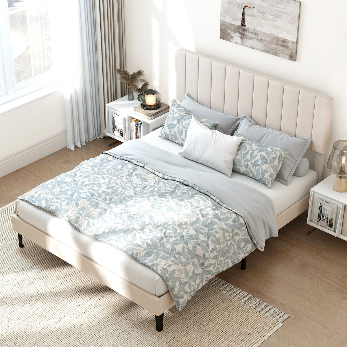 Queen Size Velvet Upholstered Platform Bed Frame-Simple Bed Frame-DECOROLALA