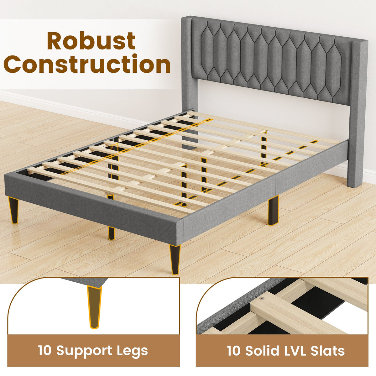 Queen Size Dutch Velvet/Linen Fabric Upholstered Platform Bed with Wingback Headboard and Wooden Slat Support-Trundle Bed Frame-DECOROLALA