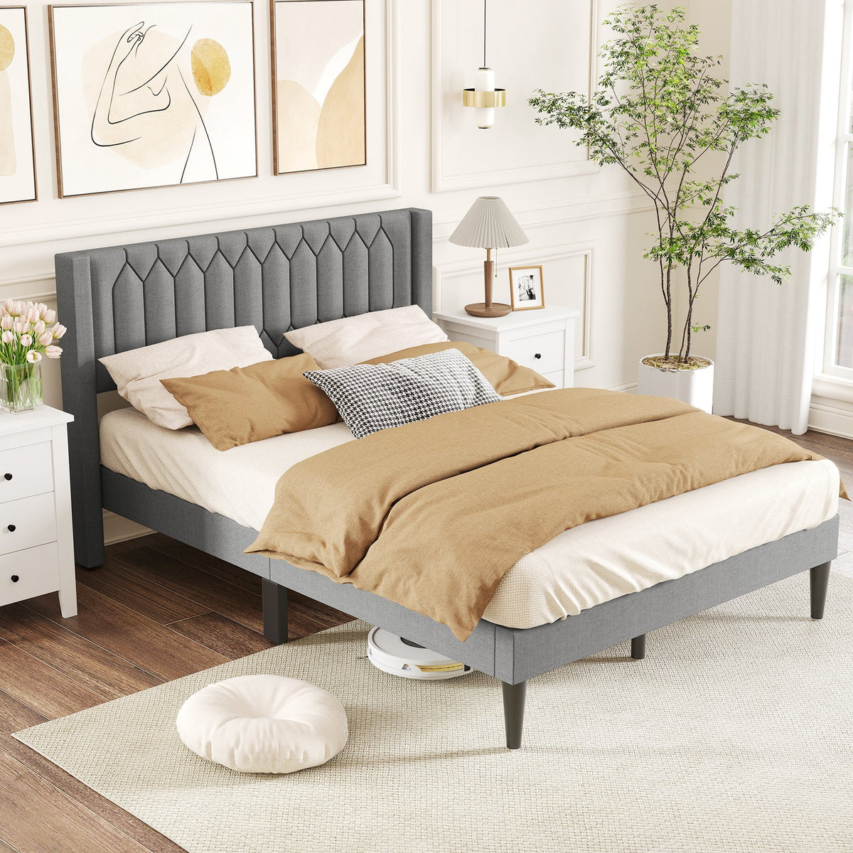Queen Size Dutch Velvet/Linen Fabric Upholstered Platform Bed with Wingback Headboard and Wooden Slat Support-Trundle Bed Frame-DECOROLALA