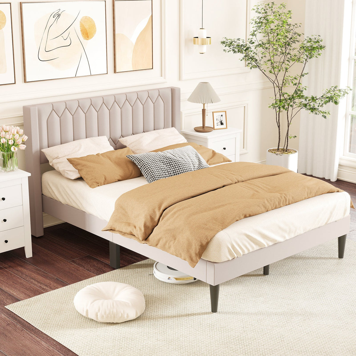Queen Size Dutch Velvet/Linen Fabric Upholstered Platform Bed with Wingback Headboard and Wooden Slat Support-Trundle Bed Frame-DECOROLALA