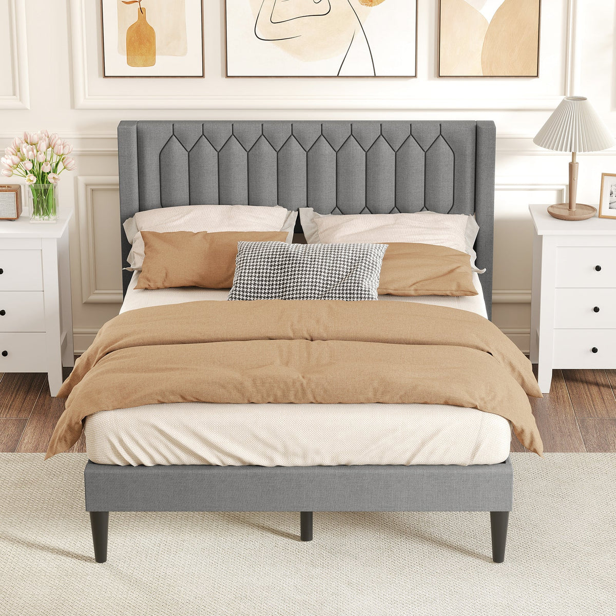 Queen Size Dutch Velvet/Linen Fabric Upholstered Platform Bed with Wingback Headboard and Wooden Slat Support-Trundle Bed Frame-DECOROLALA