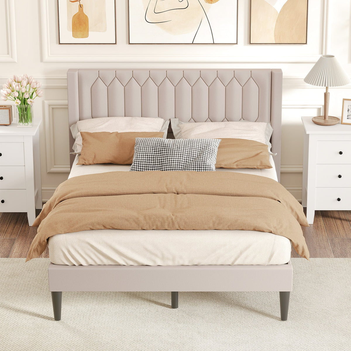 Queen Size Dutch Velvet/Linen Fabric Upholstered Platform Bed with Wingback Headboard and Wooden Slat Support-Trundle Bed Frame-DECOROLALA