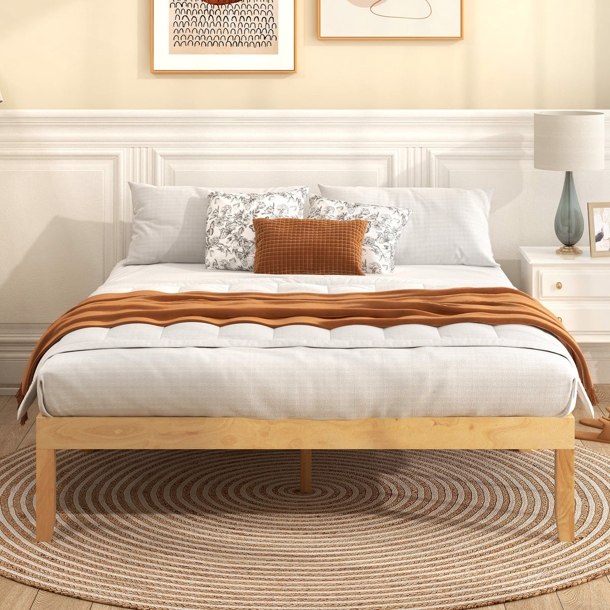 Queen Size Wood Bed Frame with Wooden Slats Support and Rubber Wood Legs-Simple Bed Frame-DECOROLALA