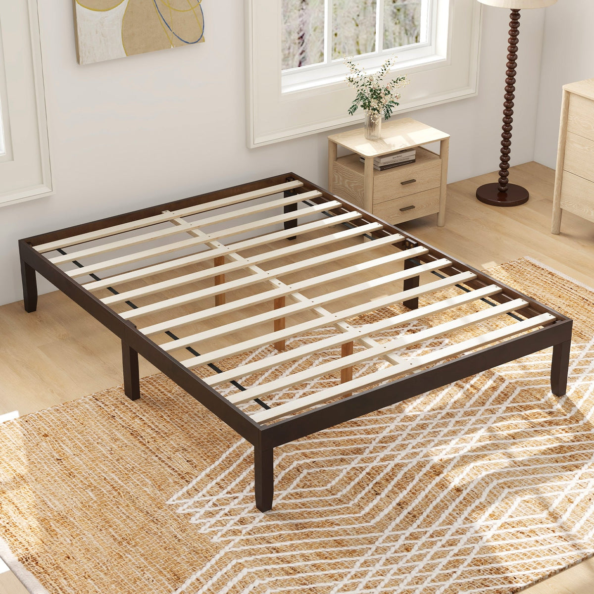 Queen Size Wood Bed Frame with Wooden Slats Support and Rubber Wood Legs-Simple Bed Frame-DECOROLALA