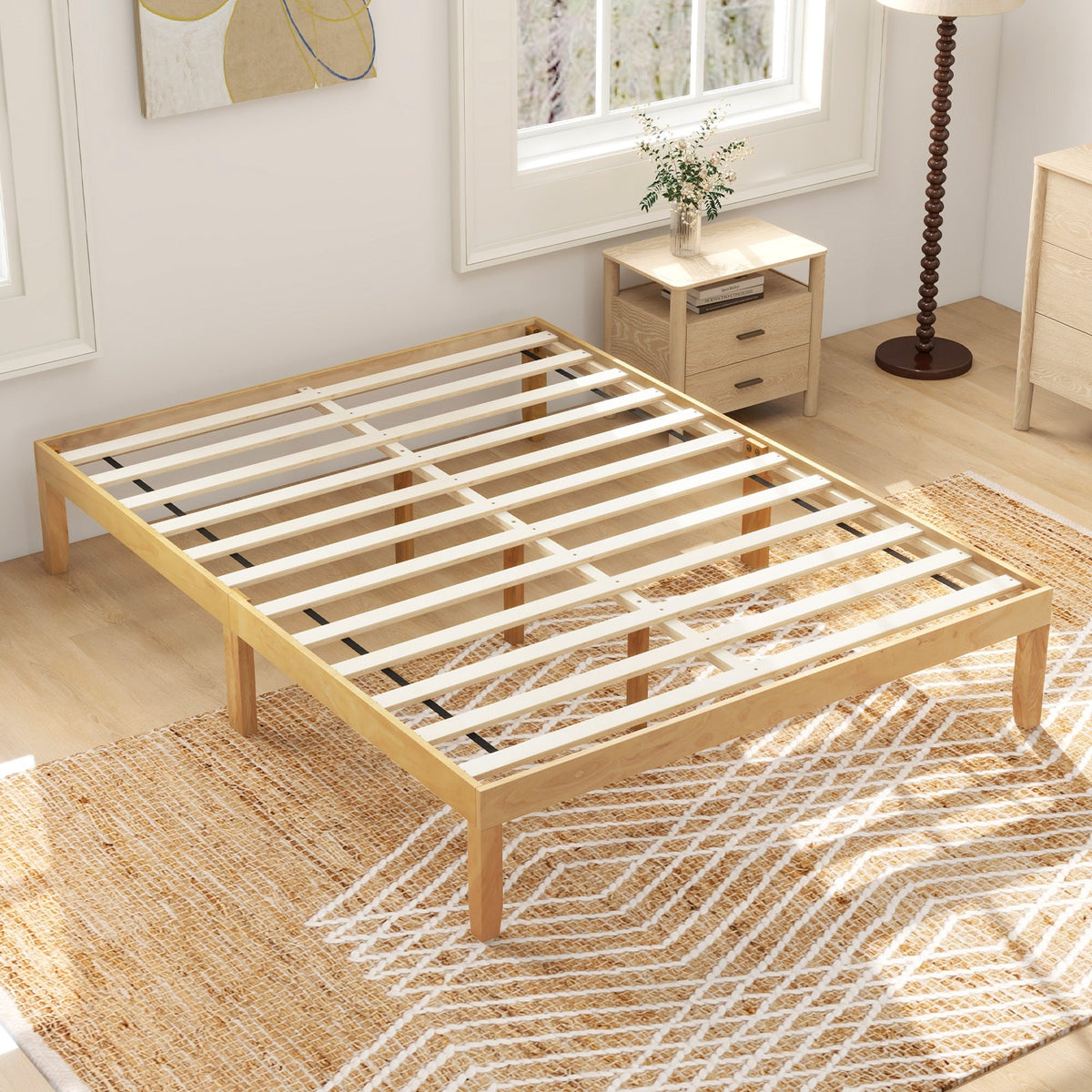 Queen Size Wood Bed Frame with Wooden Slats Support and Rubber Wood Legs-Simple Bed Frame-DECOROLALA