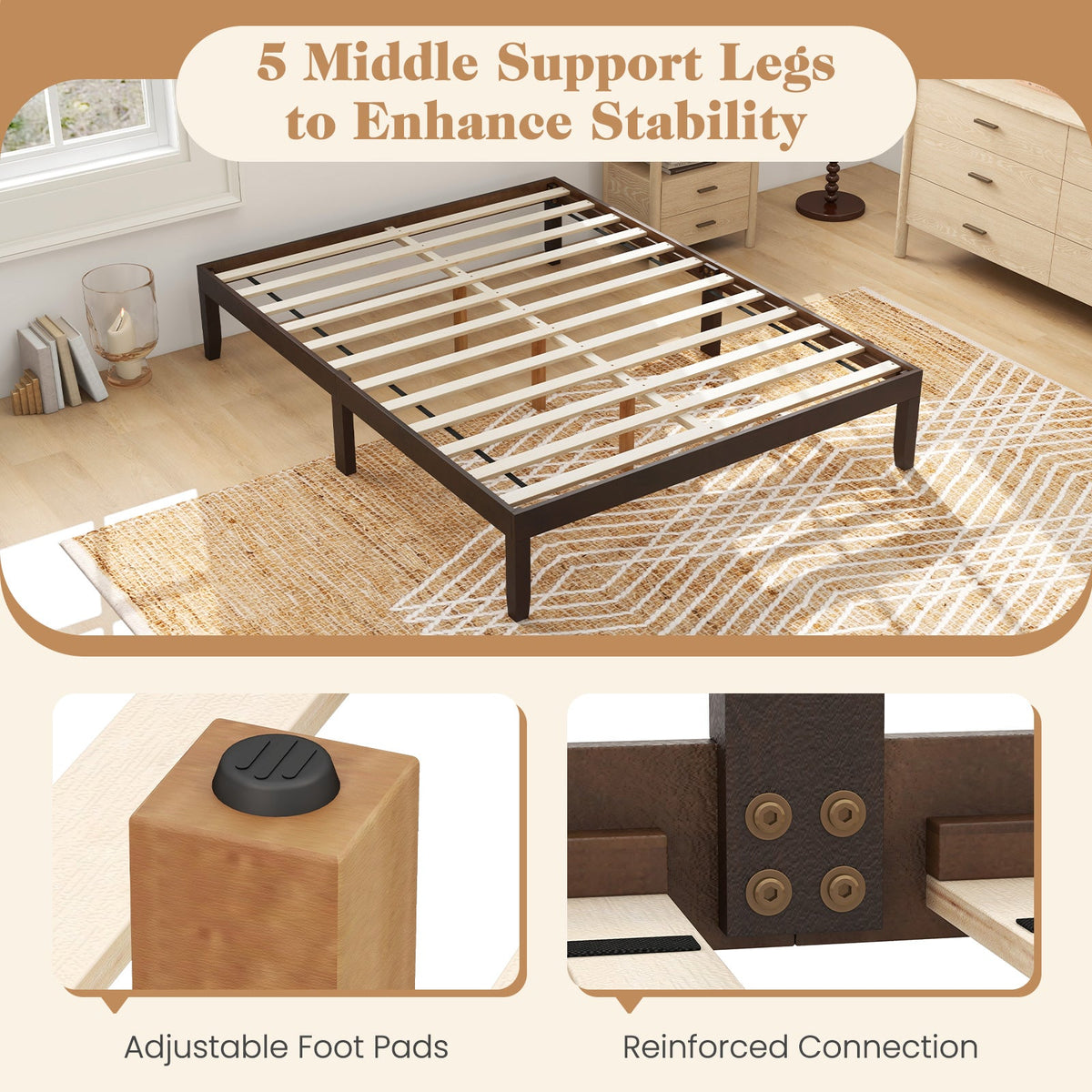 Queen Size Wood Bed Frame with Wooden Slats Support and Rubber Wood Legs-Simple Bed Frame-DECOROLALA