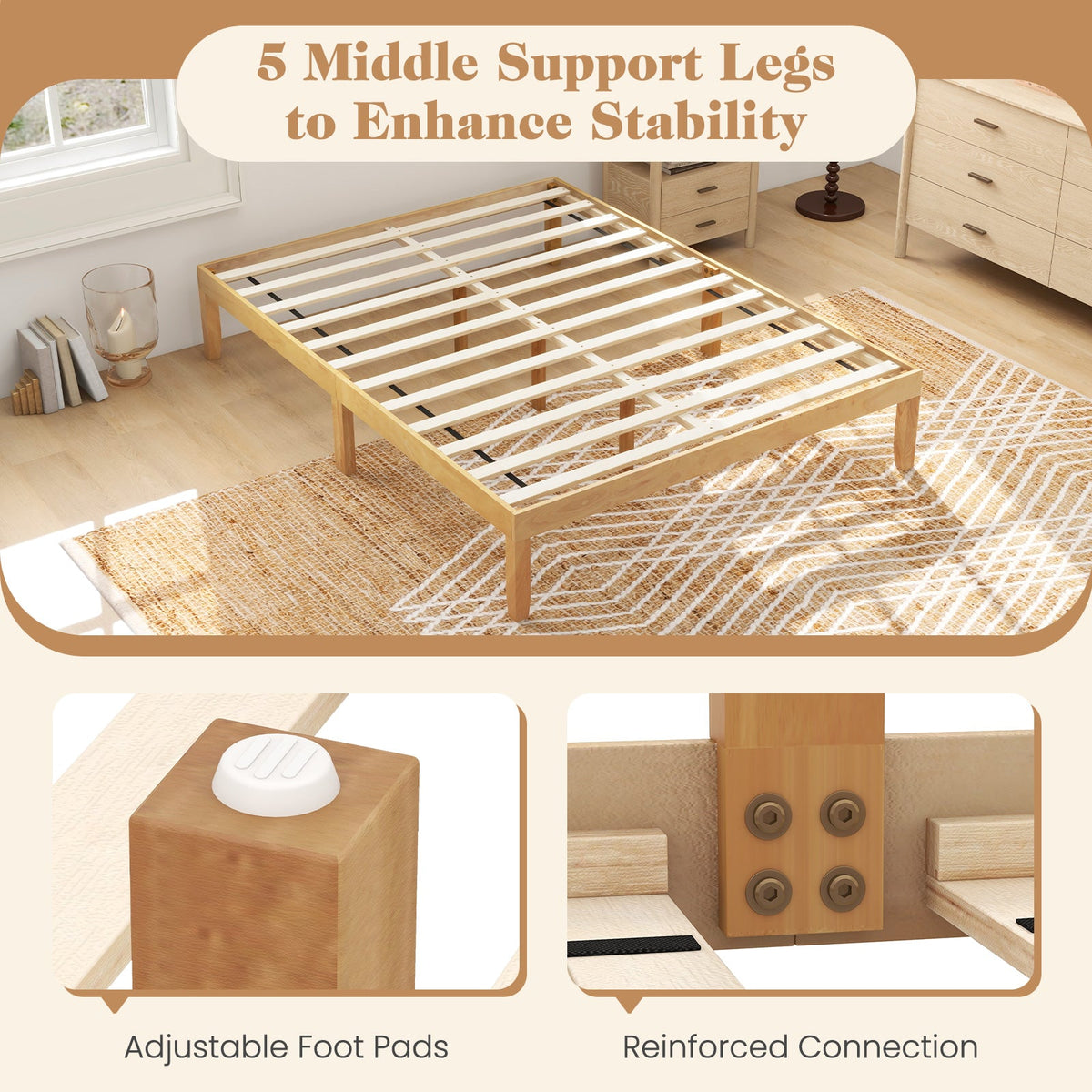 Queen Size Wood Bed Frame with Wooden Slats Support and Rubber Wood Legs-Simple Bed Frame-DECOROLALA