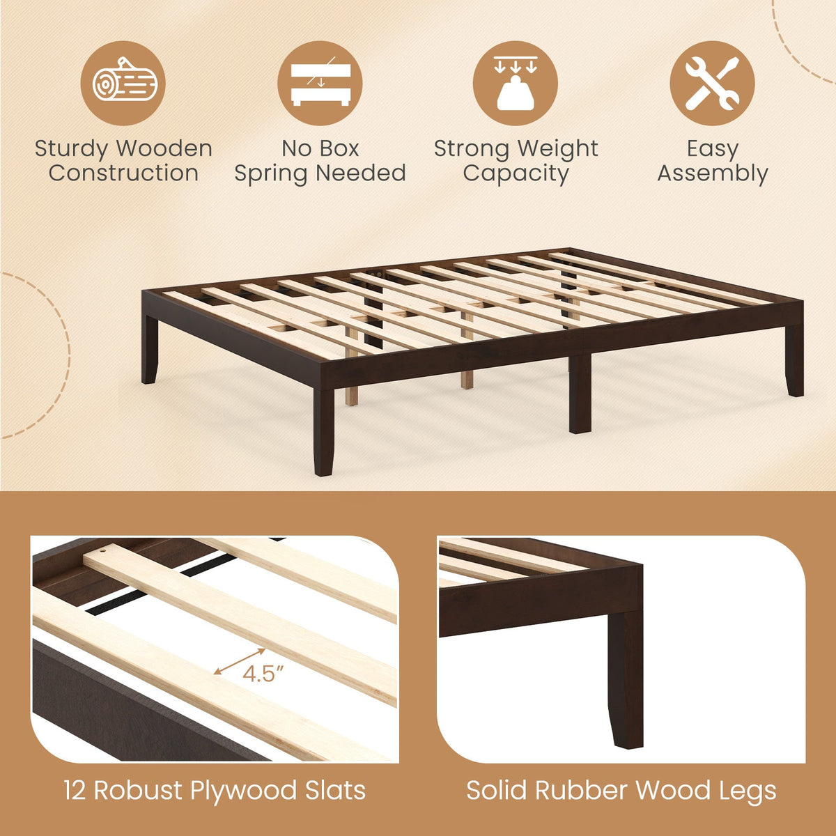 Queen Size Wood Bed Frame with Wooden Slats Support and Rubber Wood Legs-Simple Bed Frame-DECOROLALA