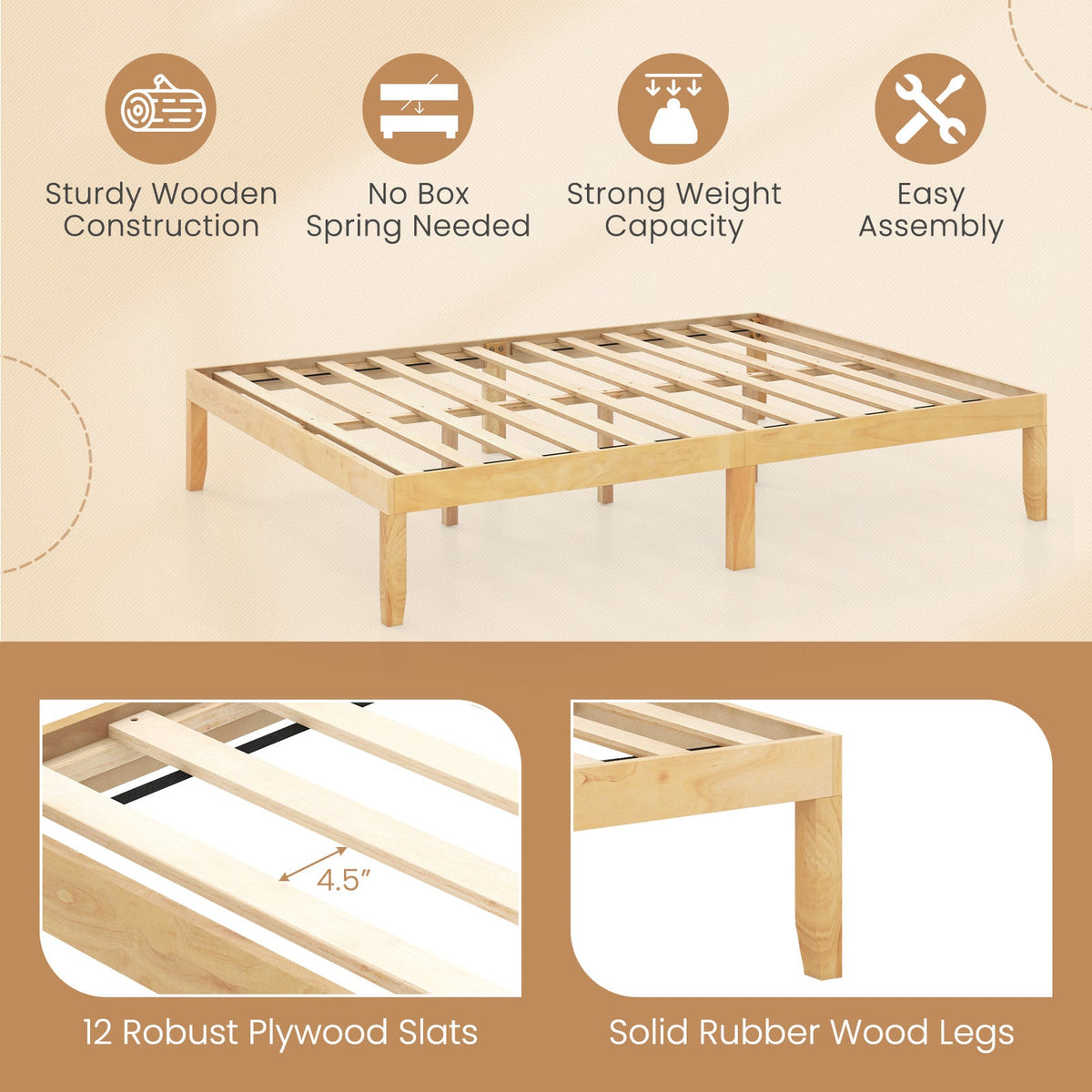 Queen Size Wood Bed Frame with Wooden Slats Support and Rubber Wood Legs-Simple Bed Frame-DECOROLALA