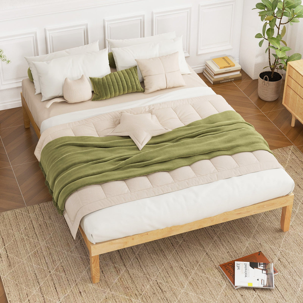 Queen Size Wood Bed Frame with Wooden Slats Support and Rubber Wood Legs-Simple Bed Frame-DECOROLALA