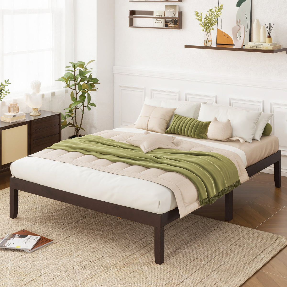 Queen Size Wood Bed Frame with Wooden Slats Support and Rubber Wood Legs-Simple Bed Frame-DECOROLALA