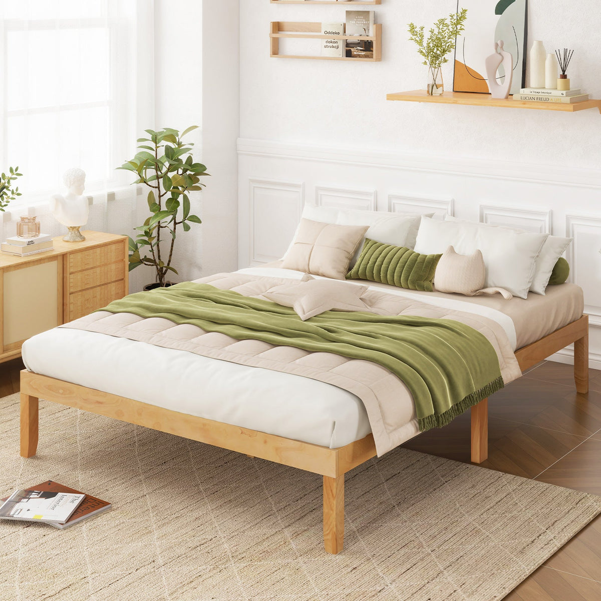Queen Size Wood Bed Frame with Wooden Slats Support and Rubber Wood Legs-Simple Bed Frame-DECOROLALA