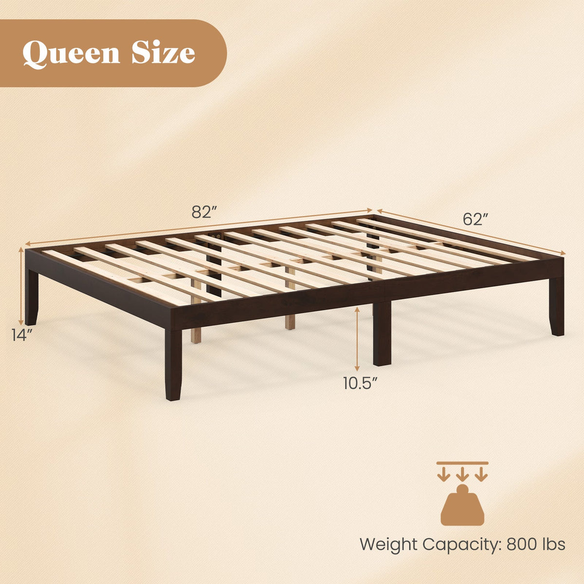 Queen Size Wood Bed Frame with Wooden Slats Support and Rubber Wood Legs-Simple Bed Frame-DECOROLALA