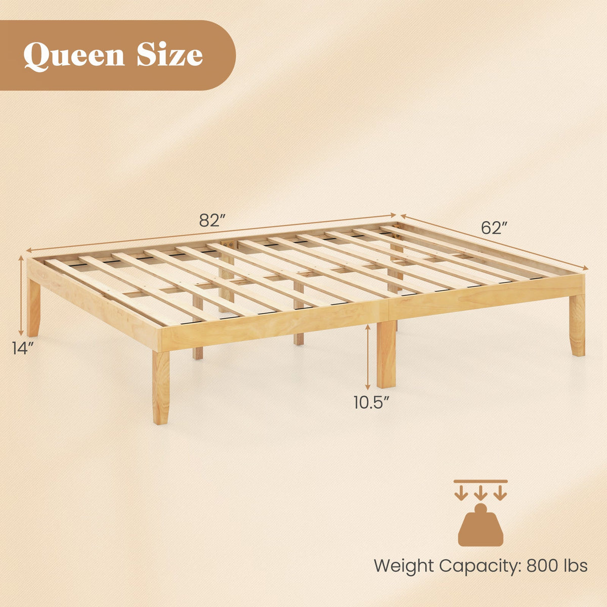 Queen Size Wood Bed Frame with Wooden Slats Support and Rubber Wood Legs-Simple Bed Frame-DECOROLALA