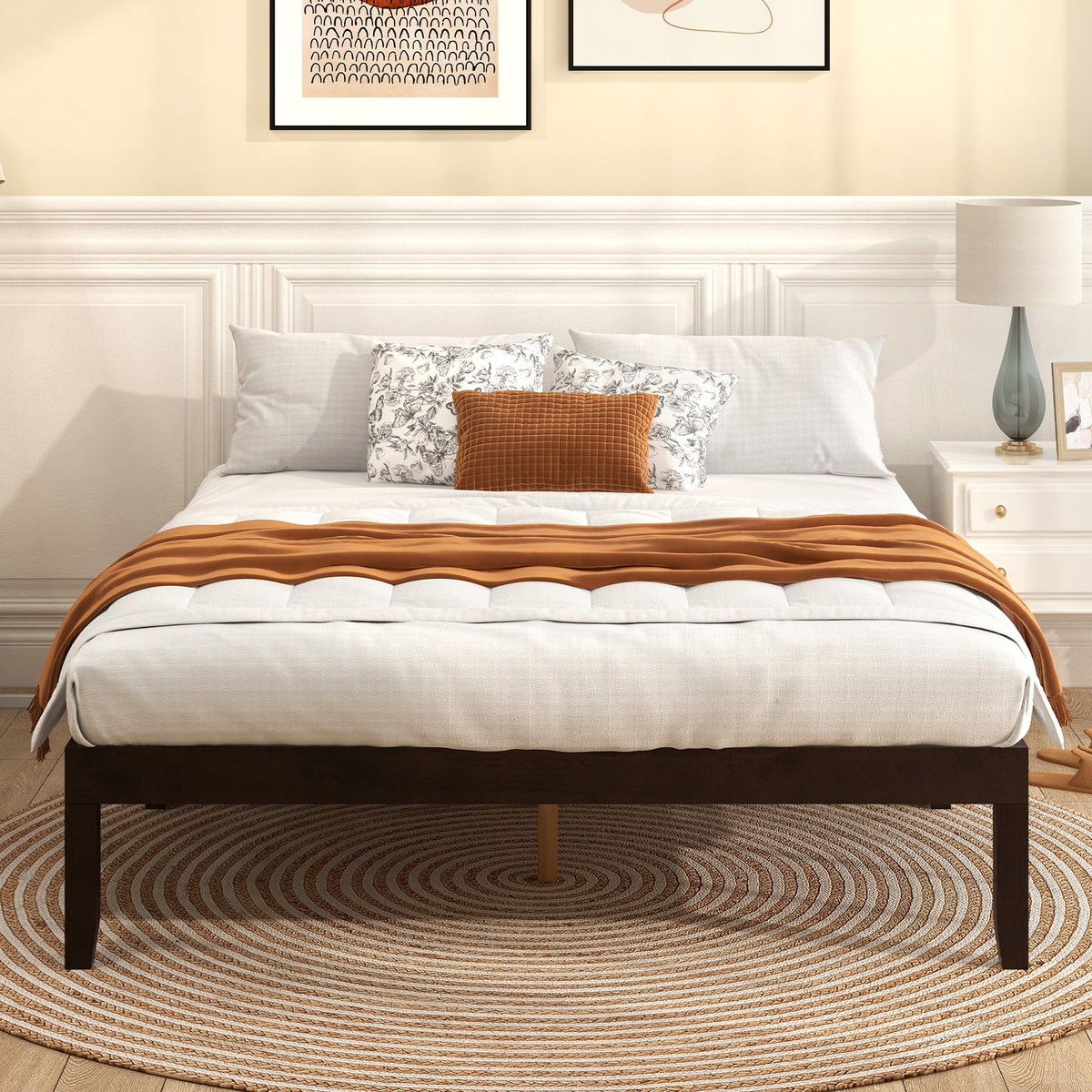 Queen Size Wood Bed Frame with Wooden Slats Support and Rubber Wood Legs-Simple Bed Frame-DECOROLALA