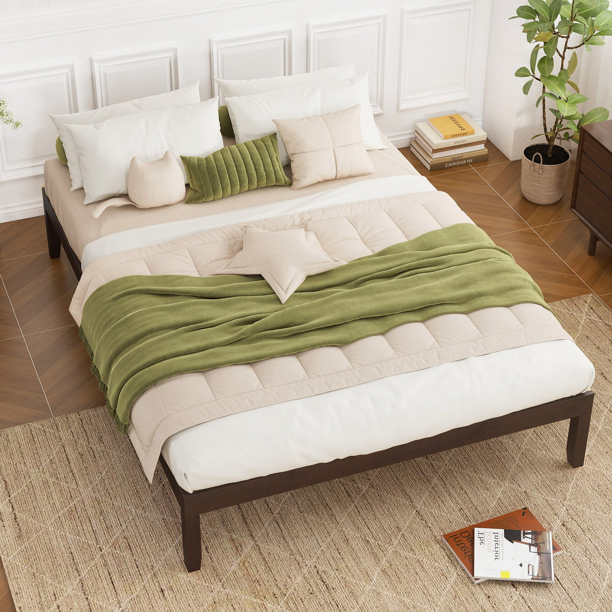 Queen Size Wood Bed Frame with Wooden Slats Support and Rubber Wood Legs-Simple Bed Frame-DECOROLALA