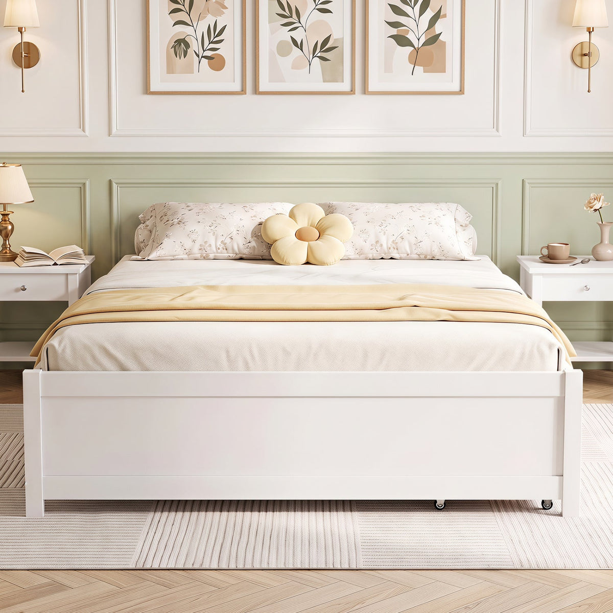 Queen Size Bed Frame with 2 Rolling Storage Drawers-Trundle Bed Frame-DECOROLALA