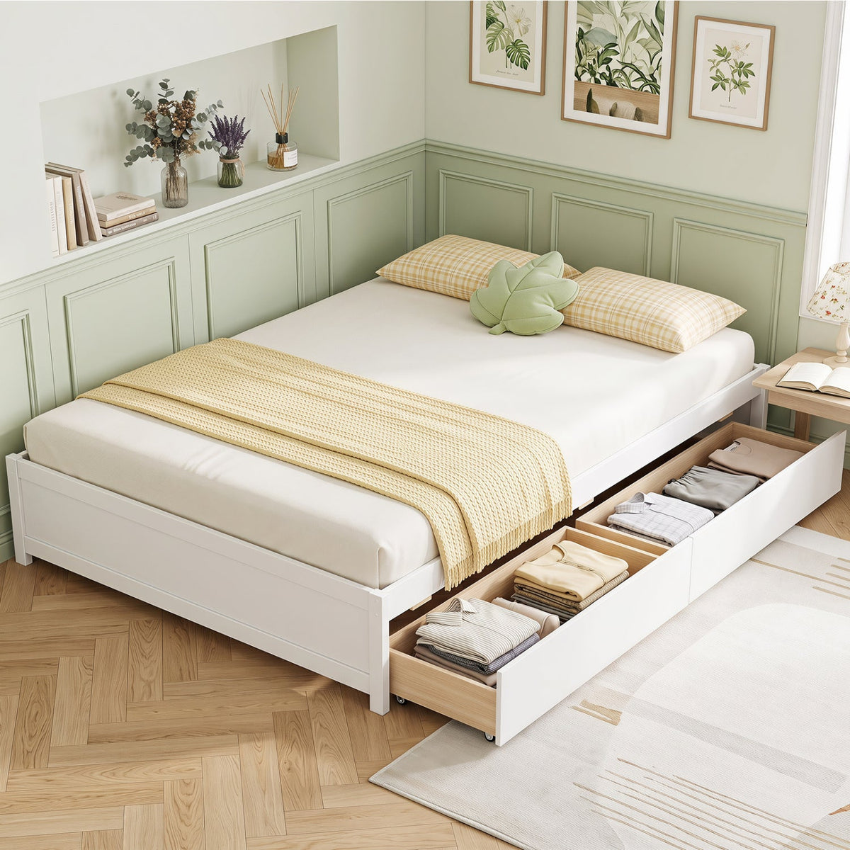 Queen Size Bed Frame with 2 Rolling Storage Drawers-Trundle Bed Frame-DECOROLALA