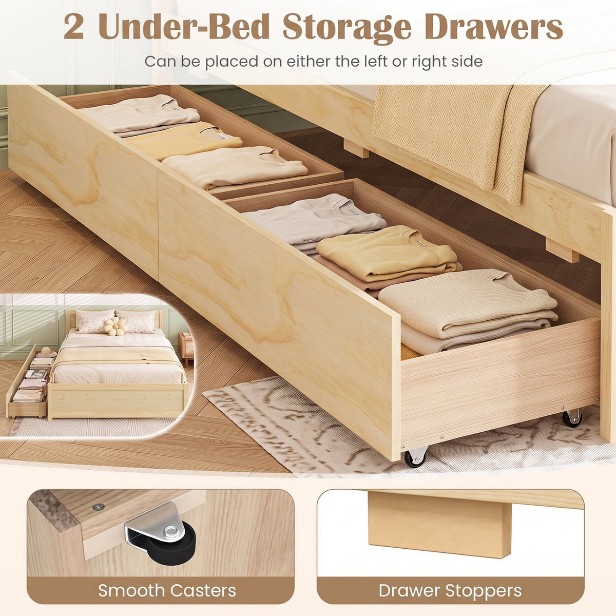 Queen Size Bed Frame with 2 Rolling Storage Drawers-Trundle Bed Frame-DECOROLALA