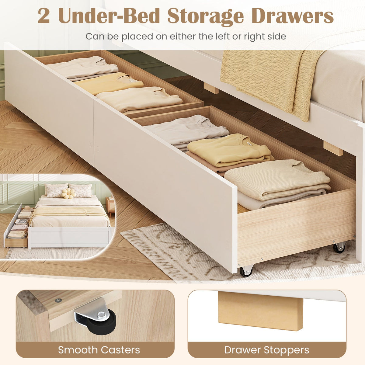 Queen Size Bed Frame with 2 Rolling Storage Drawers-Trundle Bed Frame-DECOROLALA