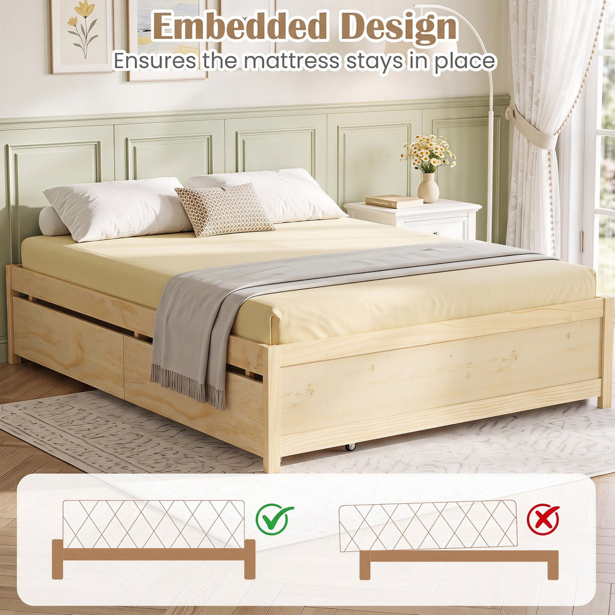 Queen Size Bed Frame with 2 Rolling Storage Drawers-Trundle Bed Frame-DECOROLALA