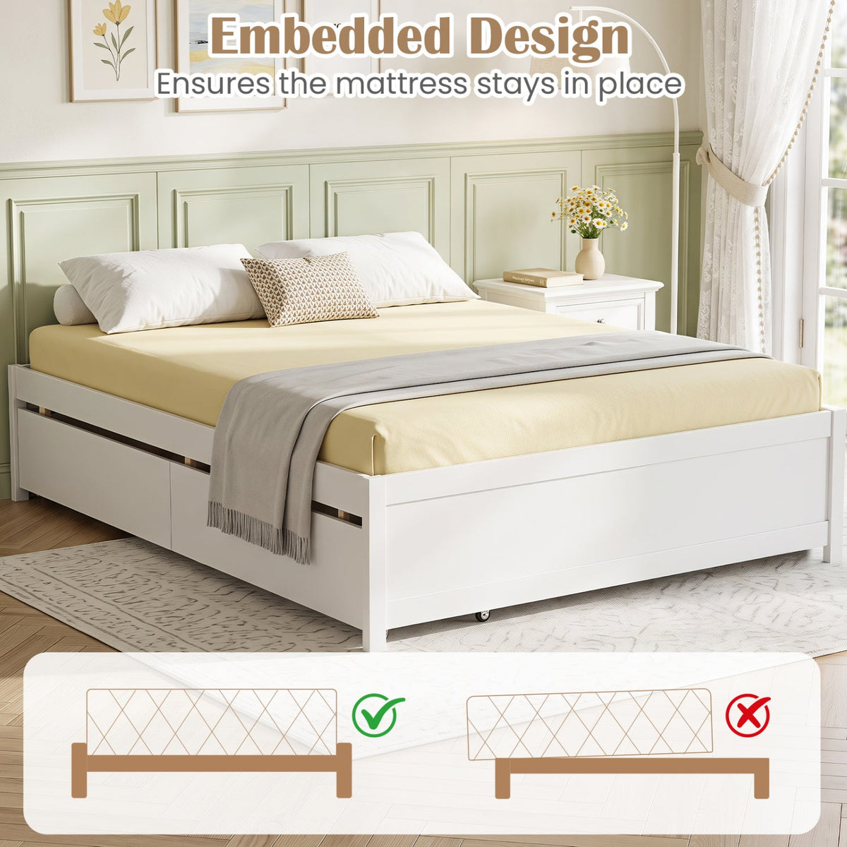 Queen Size Bed Frame with 2 Rolling Storage Drawers-Trundle Bed Frame-DECOROLALA