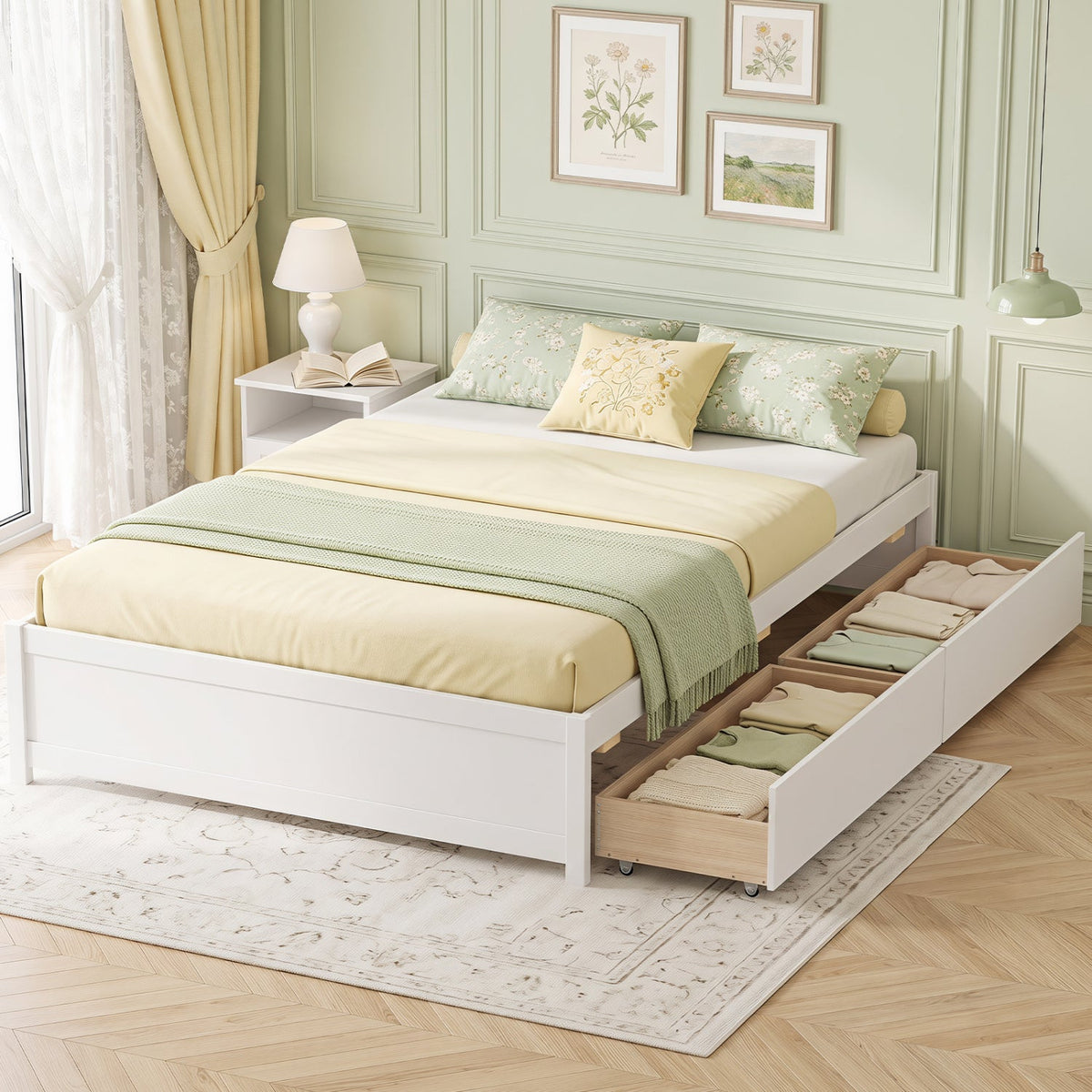 Queen Size Bed Frame with 2 Rolling Storage Drawers-Trundle Bed Frame-DECOROLALA