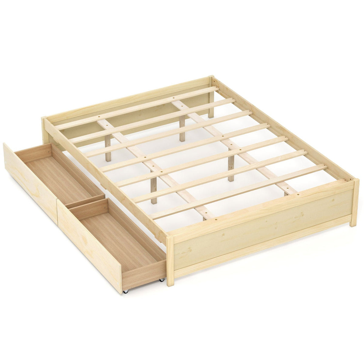 Queen Size Bed Frame with 2 Rolling Storage Drawers-Trundle Bed Frame-DECOROLALA
