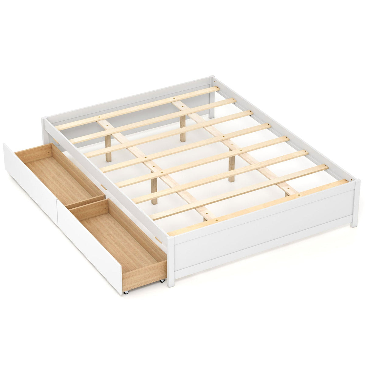 Queen Size Bed Frame with 2 Rolling Storage Drawers-Trundle Bed Frame-DECOROLALA