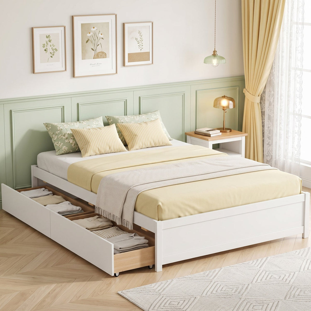 Queen Size Bed Frame with 2 Rolling Storage Drawers-Trundle Bed Frame-DECOROLALA