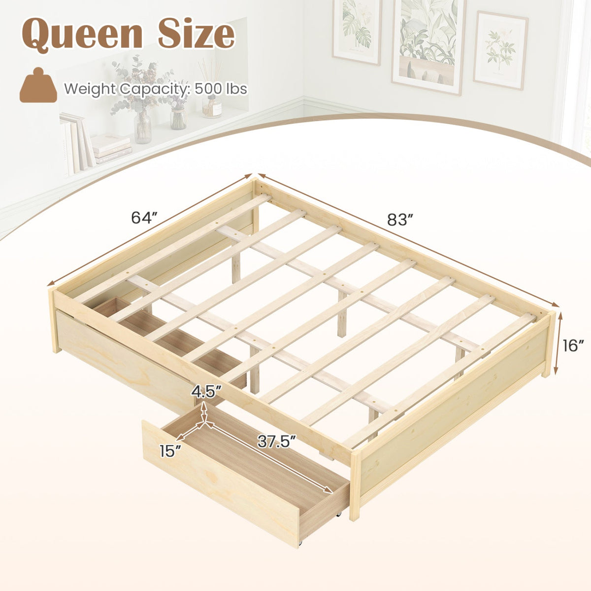 Queen Size Bed Frame with 2 Rolling Storage Drawers-Trundle Bed Frame-DECOROLALA