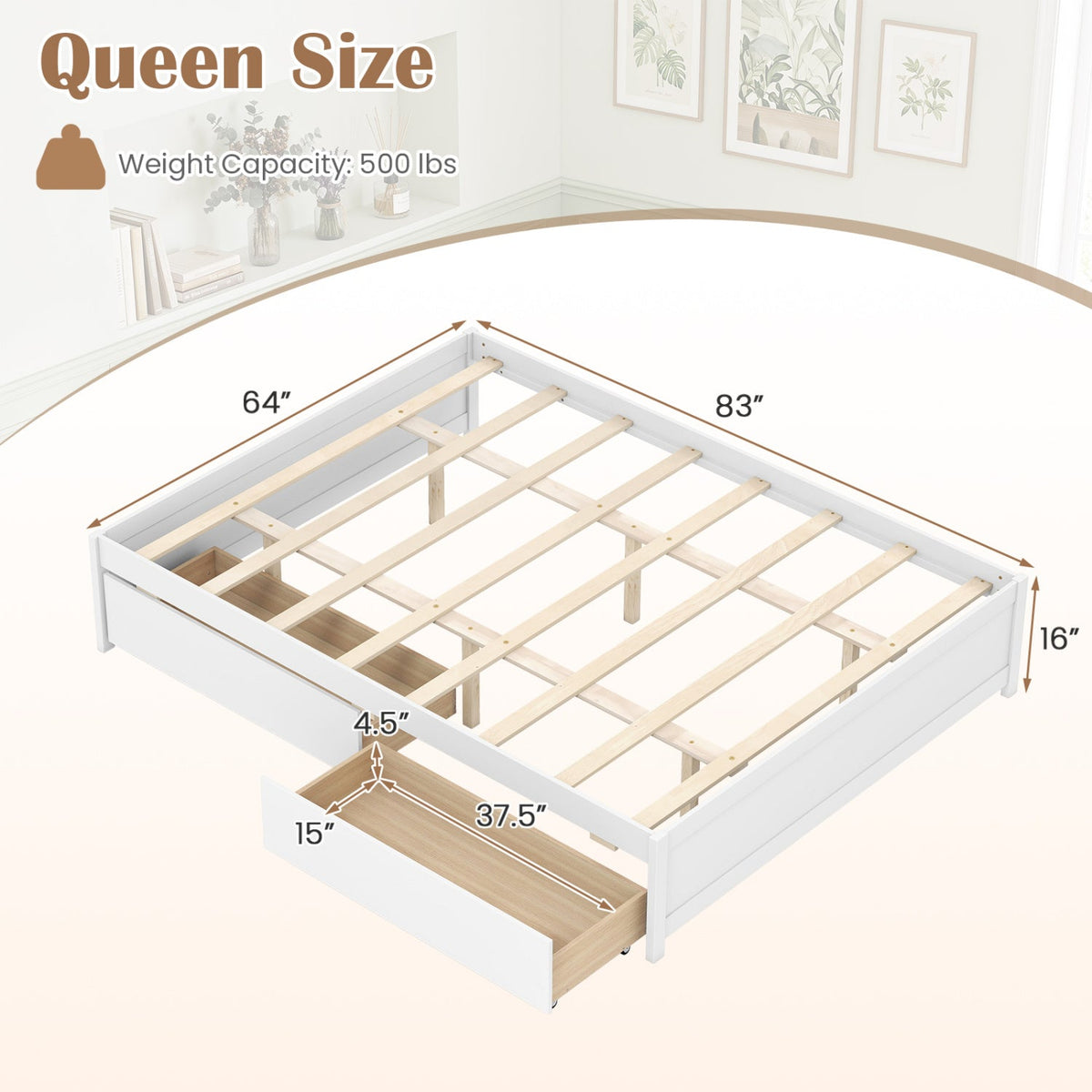 Queen Size Bed Frame with 2 Rolling Storage Drawers-Trundle Bed Frame-DECOROLALA